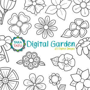 Black and white flower digital stamp set with line-art blossoms and small icons