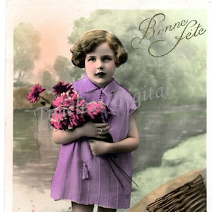 Vintage postcard illustration of a girl holding pink flowers in a purple dress