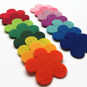 Colorful felt flower die cuts, flat applique shapes in red, pink, purple, green, yellow, blue