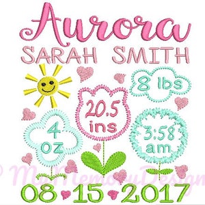 Birth announcement machine embroidery design with name Aurora, birth stats, date and icons