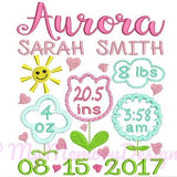 Flower Birth Announcement Embroidery Design - Baby Girl Subway Art Machine Embroidery File - EMAIL DELIVERY 0-48 hour - NOT instant downlaod