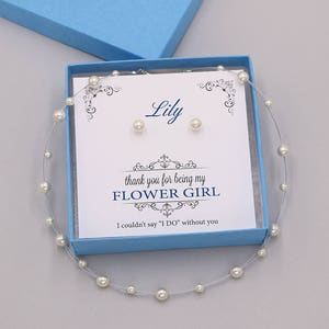 Girls pearl flower girl jewelry set with pearl necklace, gift box.