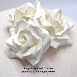 Ivory 3D sugar rose cake decoration with pearl center, non-wired, 55mm