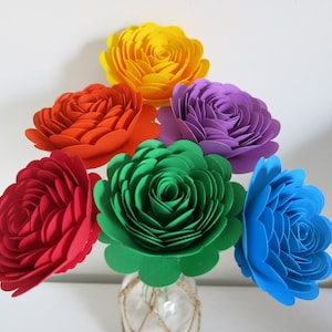 Rainbow scalloped paper rose bouquet with 6 stemmed flowers, multicolor blooms