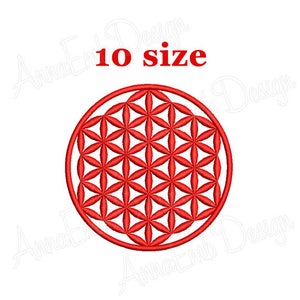 Circular flower-of-life mandala embroidery design in red thread, stitched ring border