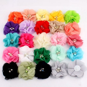 Set of multicolor chiffon fabric hair flowers with rhinestone and pearl centers