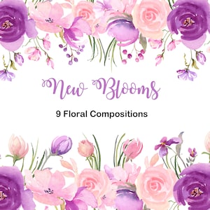 Watercolor floral clip art card with purple, pink, and lavender flowers and “New Blooms” text