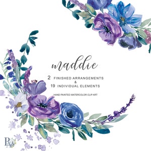 Purple and blue floral wreath clipart with assorted flowers and greenery for wedding cards