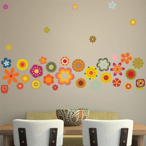 Retro floral wall art sticker kit with colorful 60s-style flower and star decals