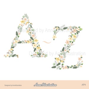 Floral alphabet clipart letters in cursive, decorated with pastel flowers and leaves