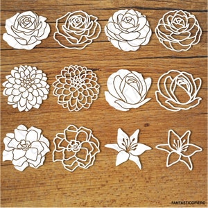 White floral clipart set with roses, dahlias, and leaves for SVG/PNG cutting files