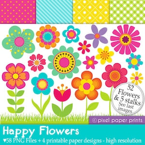 Colorful flower clipart and digital paper set with bright blossoms and patterned backgrounds