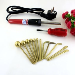 Millinery flower making tool set with red soldering iron and brass pins