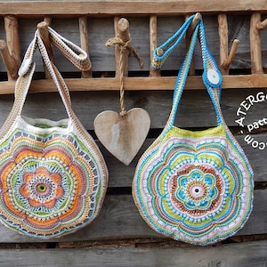 Crochet slouch bag with round boho flower motif, multicolor yarn and short handle