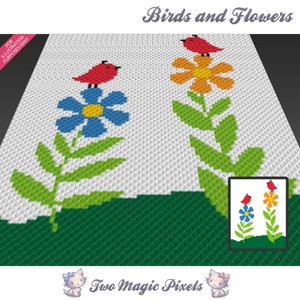 Crochet blanket with white stitch texture, red birds, orange flowers, and green vine leaves