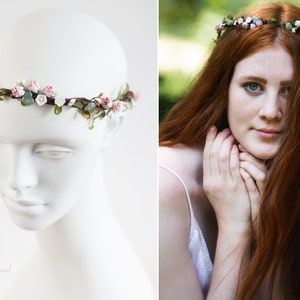 Floral flower crown hair band with pink and white blossoms and green leaves