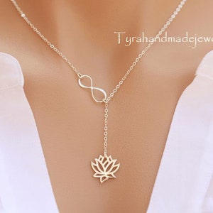 Sterling silver infinity and lotus flower pendant necklace with delicate chain