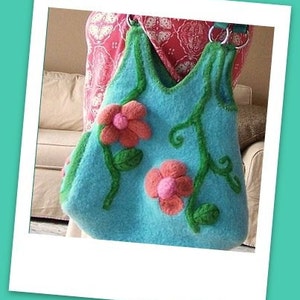 Felted tote bag in green with pink flower appliques and stitched vine details