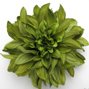Large variegated olive green dahlia flower brooch pin with layered petals