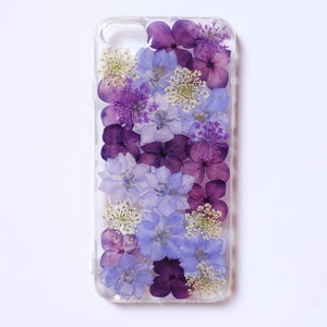 Pressed dried purple flower phone case with clear protective cover