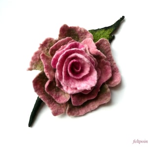 Large felt flower brooch with pink rose bloom and dark green leaf accents