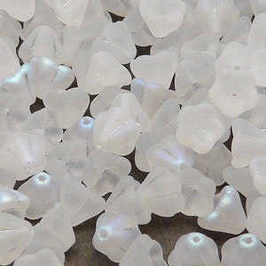 Matte crystal AB bell flower glass beads, 6x8mm, 30-piece pack, white iridescent