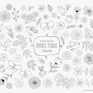 Hand-drawn doodle floral clipart set with leaves, flowers, birds, butterfly, branches