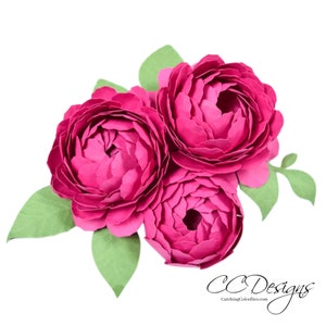 Pink peony paper flowers with green leaves, three-flower bouquet