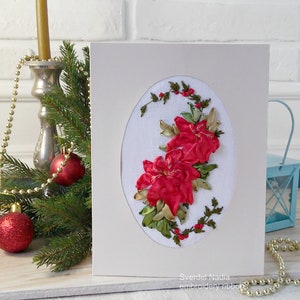 greeting card poinsettia flower christmas bouquet wreath embroidery handmade