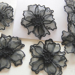 Black lace 3D flower appliques, set of six with beaded centers