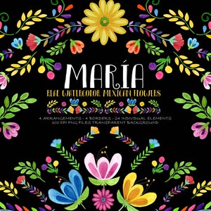 Colorful watercolor floral wreath clip art with leaves and flowers, central name text