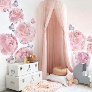 Pink peony floral removable wall stickers with pale butterfly accents for nursery decor