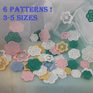 Assorted mini flower lace embroidery designs, freestanding 3–5 size patterns, 6 styles