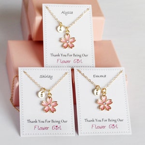 Kids flower girl necklace with pink flower heart pendant, gold-tone chain