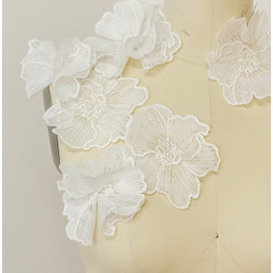 Set of white 3D lace flower appliques, sew-on patch with layered floral shapes