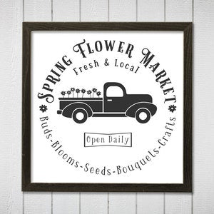 Rustic spring flower market framed sign with delivery truck graphic and banner text