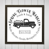 Rustic spring flower market framed sign with delivery truck graphic and banner text