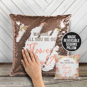 Rose-gold reversible sequin flower girl proposal pillow with 'Will you be our Flower Girl?'