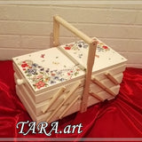 Sewing basket made of wood, decoupage large box, huge storage box for jewelry and accessories, living room decoration, field flowers pattern