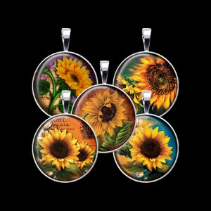 Set of round sunflower collage pendants in silver-tone frames with hanging hooks