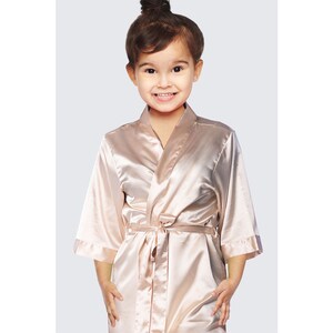 Champagne satin flower girl robe with tie belt, kimono sleeves, button front