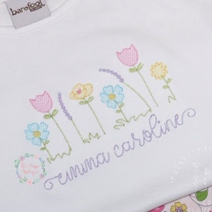 Colorful spring wildflower machine embroidery design on white fabric