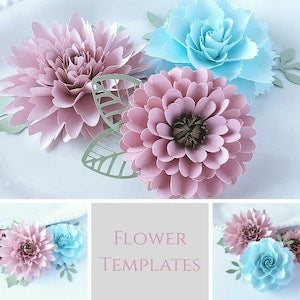 Bundle of 3D paper flower templates with pink and light blue layered blossoms