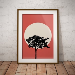 Framed tree wall art print with silhouette against red circular background