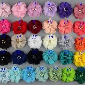 Chiffon flower craft pieces with pearl and rhinestone centers, assorted colors