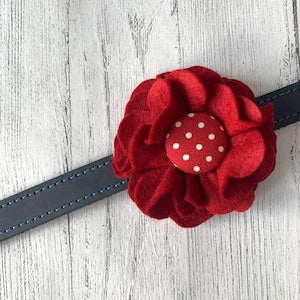 Red wool felt flower dog collar detail with polka-dot button center