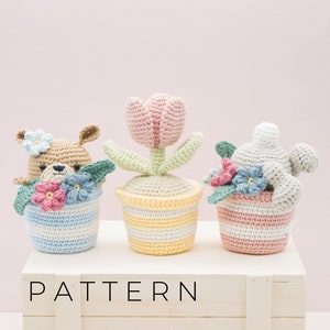 Amigurumi crochet pattern featuring three pastel potted crocheted plants