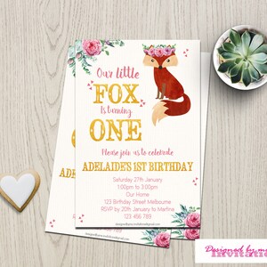 Woodland fox birthday invitation card with floral border and cute fox illustration