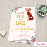Our little Fox, Woodland fox and flowers,  Birthday party Invitation - DIY Printing - Digital delivery