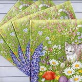 Set 4 cat decoupage napkins Kitten on summer meadow paper serviettes Floral napkin for decoupage 13x13 Craft paper napkins Mixed media